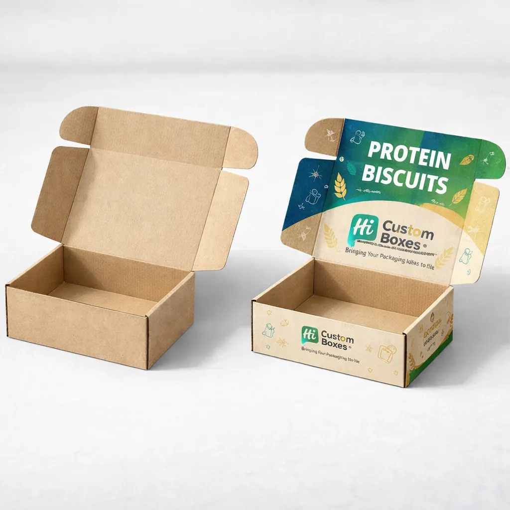 Two open cardboard mailer boxes, one plain brown and one featuring colourful green and teal branding. class=